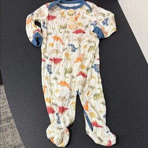 Blue and Orange Footies One Piece with Playful Dinosaur Print